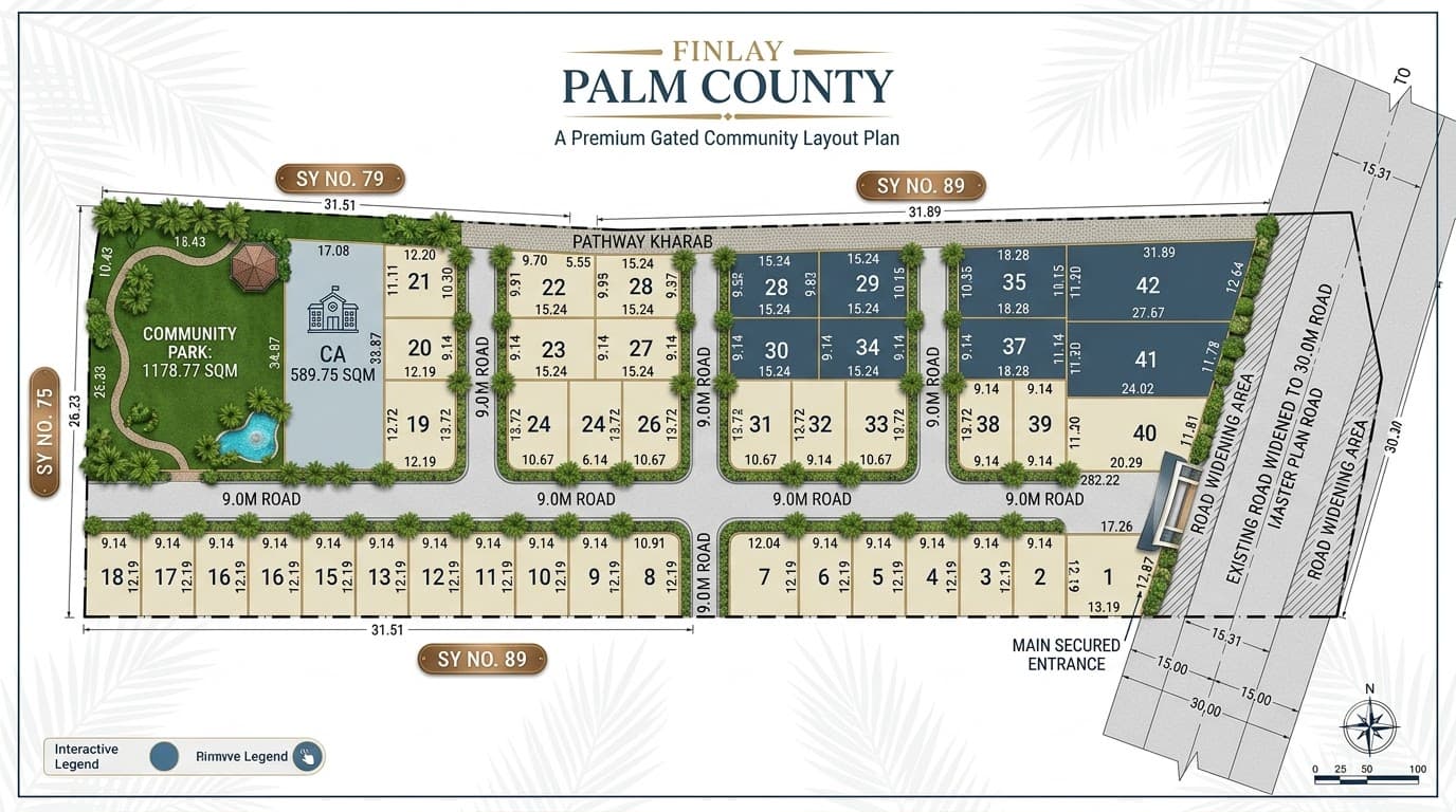 Finlay Palm County community layout plan — a premium gated development of 42 plots around a central park and civic amenity block.